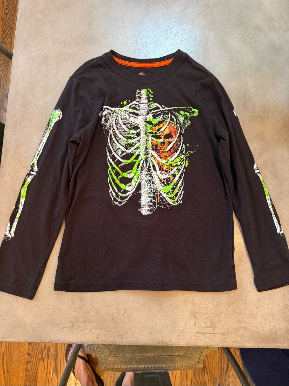Kids Black Long-Sleeve Skeleton Tee with Neon Green & Orange Graphic